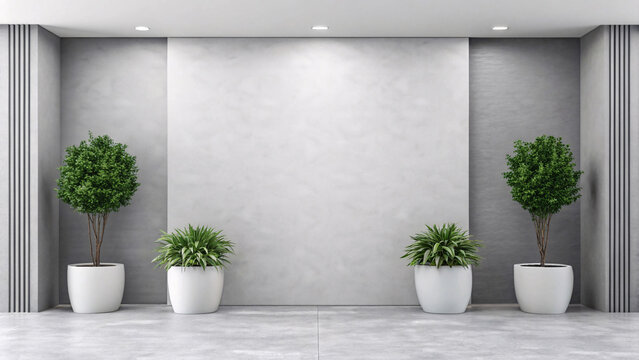 Modern minimalist interior design with potted plants and textured walls
