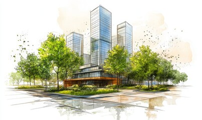 Sustainable development project sketch showcasing a green building and trees, with a focus on urban planning that promotes energy efficiency, reduced carbon footprint, Generative AI