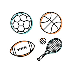 Sports Equipment Doodle Icon Set: Soccer Ball, Basketball, Football, Tennis Racket and Ball