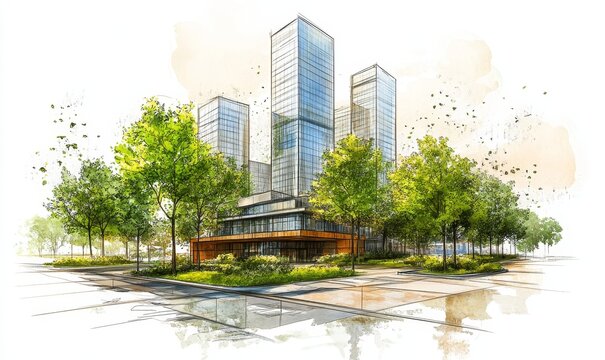 Sustainable development project sketch showcasing a green building and trees, with a focus on urban planning that promotes energy efficiency, reduced carbon footprint, Generative AI