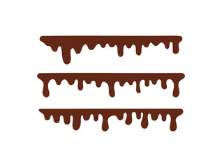 Set of three melted chocolate drips on a white background. This simple, flat design is great for food, de1ssert, and confectionery themes. Easily usable for backgrounds, banners, and creative projects