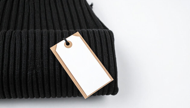 Close-up shot of a black beanie hat with a blank price tag. The hat is knitted and neatly folded, with the tag hanging off the edge, ready for branding or product information.