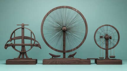 Three antique-style wooden spinning wheels displayed against a mint green background.
