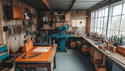Fototapeta premium AI generator images of Workroom, workshop for designing and working on leather products such as bags, belts, shoes, beautiful and delicate handmade products.