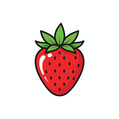 Fototapeta premium A vibrant cartoon illustration of a ripe red strawberry with green leaves, isolated on a white background.