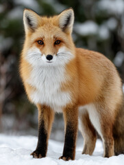 Obraz premium Red fox standing in snow with a forest background.