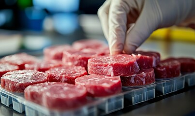Laboratory-grown artificial meat concept, showcasing cultured beef as a sustainable and ethical alternative to traditional meat production, promoting environmentally friendly, Generative AI