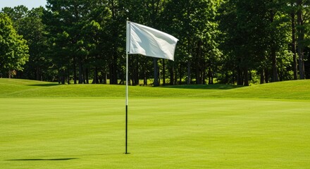 Obraz premium White Golf Flag on Green Course with Lush Trees, Sunny Day, Peaceful Scene.