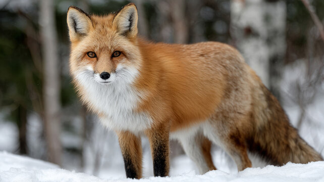 Fox standing in snowy forest, alert and curious.