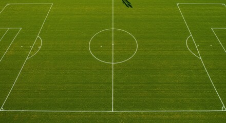Obraz premium Aerial View of Empty Soccer Field, Green Grass, White Lines, Shadow, Abstract Composition.