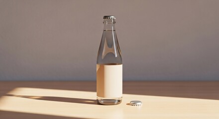 Glass Bottle of Water with Blank Label and Cap.