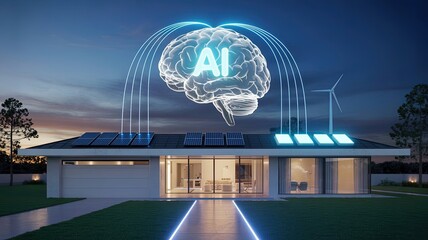 AI-Powered Smart Home: A futuristic smart home integrates with artificial intelligence, illustrating technological progress and a sustainable lifestyle.
