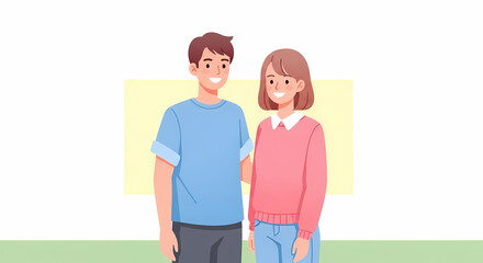 Smiling couple standing close together, radiating happiness and love in a bright, friendly scene