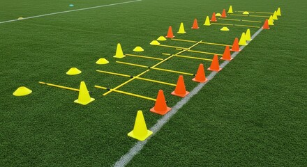 Agility Training Course: Orange and Yellow Cones on Green Turf
