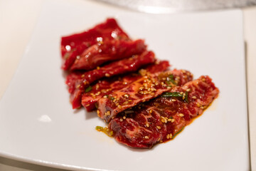 Beef meat for grilling in BBQ restaurant.