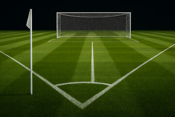 Soccer field corner with goal and flag professional sports background stadium grass pitch lines view