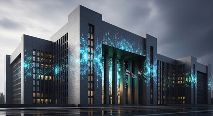 Modern Building with Digital Overlay and Flags.