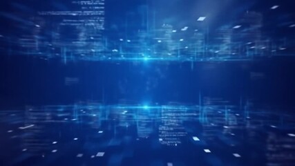 Abstract digital code display in deep blue, with light trails and glowing lines - Powered by Adobe