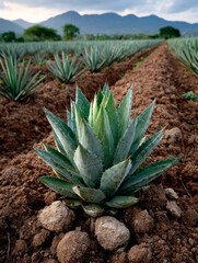Fototapeta premium Lush agave plant in a field with distant mountains.