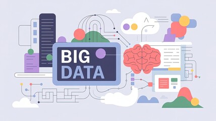 Obraz premium Big Data Illustration: An abstract representation of the digital age, featuring data streams, computing clouds, and the human brain intertwined, illustrating the power of data.