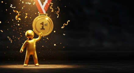 A Champions Glory - Golden Figure Holds a Massive First Place Medal Amidst Falling Confetti.