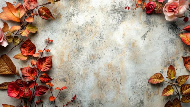 Elegant Autumnal Border with Red Leaves and Roses on a Textured Vintage Background.