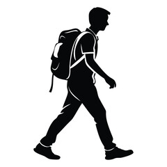 Silhouette of a young man with a backpack walking. Vector illustration of a student, tourist, or hiker. Isolated black icon on a white background.
