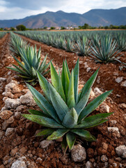 Fototapeta premium Agave plants growing in a field with mountains in the background.