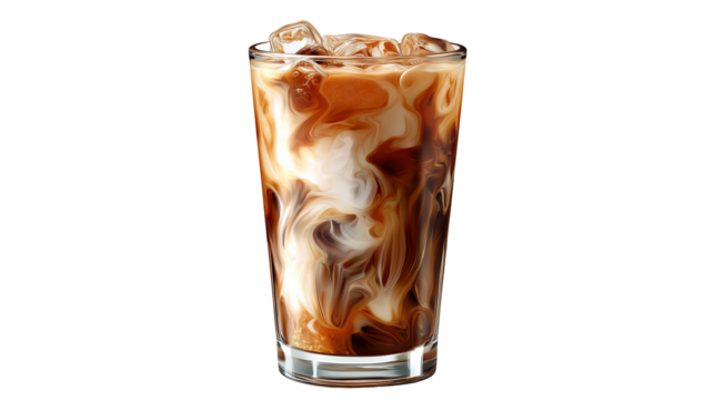 glass of iced coffee with milk swirl, isolated on white background
