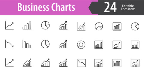 Business Charts Line Icons Set, Graphs, Analytics, Reports, Statistics, Data Visualization, Editable Formats: AI, EPS, JPG, PNG, Ideal for Both Digital and Print Use
