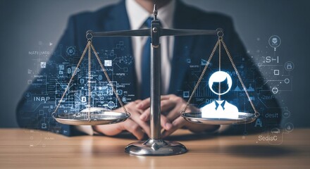 Scales of Justice with Digital Data Overlays and Businessman in Background.