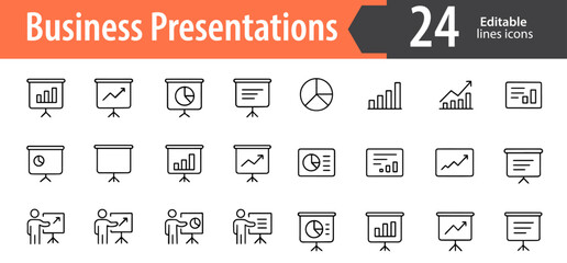 Business Presentations Line Icons Set, Slides, Charts, Graphs, Reports, Meetings, Editable Formats: AI, EPS, JPG, PNG, Ideal for Both Digital and Print Use
