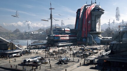 Futuristic city harbor with large spaceships.