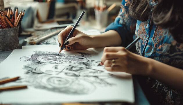 AI generator images of Jewelry Sketch ,Jewelry Collection – Designers and manufacturers of exquisite jewelry created from Thai art. Jewelry designers are painting the necklace with a pencil on a piece