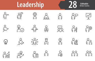 Leadership Line Icons Set, Team Management, Strategy, Guidance, Success, Decision Making, Professional Skills, Editable Formats: AI, EPS, JPG, PNG, Ideal for Both Digital and Print Use
