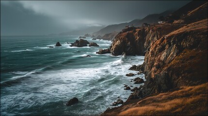 Coastal cliffs ocean waves stormy sky