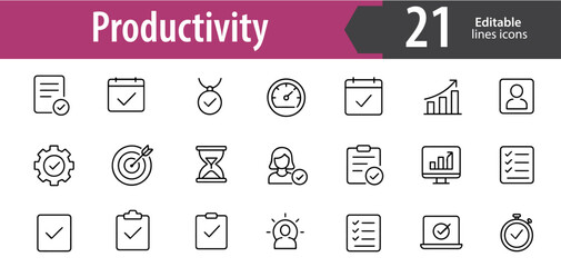 Productivity Line Icons Set, Efficiency, Time Management, Tasks, Goals, Workflow, Organization, Editable Formats: AI, EPS, JPG, PNG, Ideal for Both Digital and Print Use
