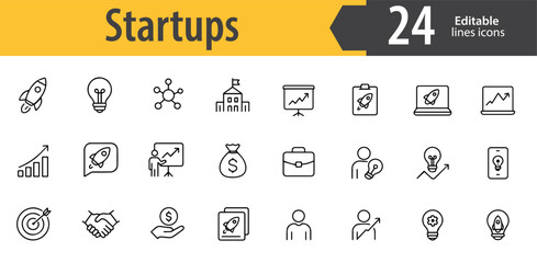 Startups Line Icons Set, Innovation, Business Growth, Investment, Entrepreneurship, Strategy, Success, Editable Formats: AI, EPS, JPG, PNG, Ideal for Both Digital and Print Use
