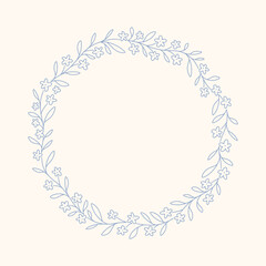 Hand drawn floral round frame with a charming whimsical cottage core design. Soft blue, pastel, and nostalgic, perfect for textiles, wallpaper, wrapping paper, and romantic vintage-inspired decor.