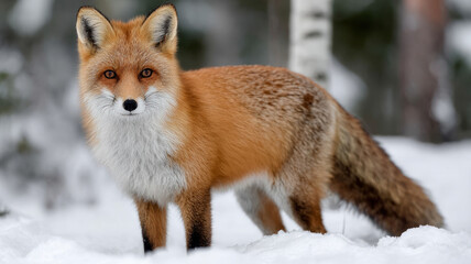 Fototapeta premium Red fox standing alert in snowy winter forest scene.