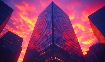 Modern corporate office building captured from a low angle during a vibrant sunset, symbolizing business success, growth, and the bright future of corporate development, Generative AI