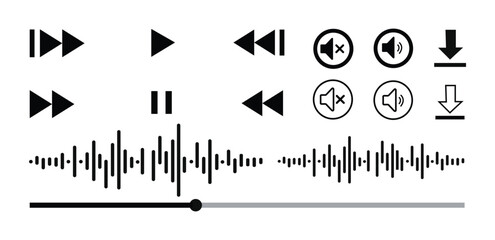 Black media player control vector icons set with play, pause, forward, rewind, volume, mute, download, and audio waveform vector illustration