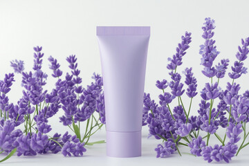 Elegant lavender cream tube with fresh botanical accents for soothing skincare promotions today