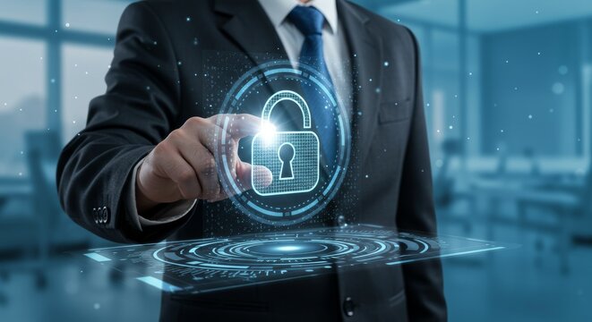 Businessman Interacting with Futuristic Digital Security Lock Interface in Modern Office.