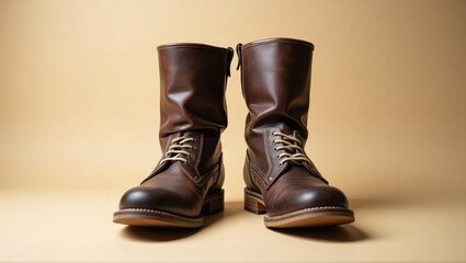 A pair of deep brown leather boots with a classic design, displayed against a simple beige backdrop, creating a sophisticated and refined visual presentation.