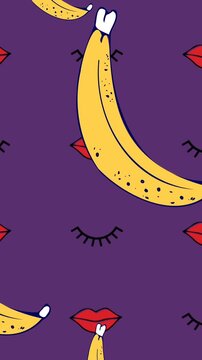 Animation of lips and banana icons over purple background