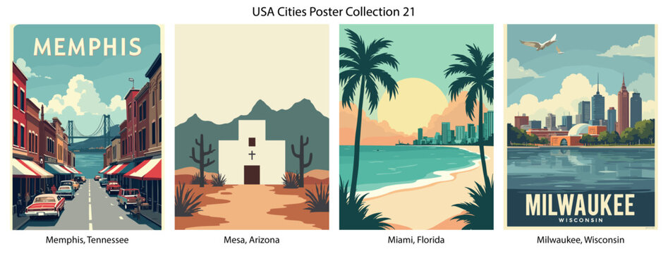 Memphis, Tennessee , Mesa, Arizona , Miami, Florida , Milwaukee, Wisconsin  Flat Vector Poster Collection
