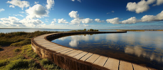 AI generator images of wooden bridge across the lake, Lake at Sunset, Long Wooden Pier Long wooden footbridge as Future concept in nature reserve