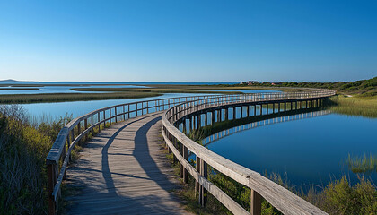 Fototapeta premium AI generator images of wooden bridge across the lake, Lake at Sunset, Long Wooden Pier Long wooden footbridge as Future concept in nature reserve