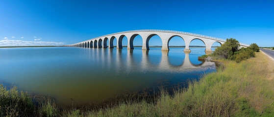 AI generator images of Bridge spanning the ocean near a sandy shore, Bridge over the lake, Old stone bridge across the river.